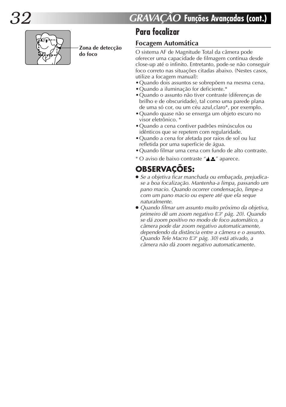 Gravação, Para focalizar, Funções avançadas (cont.) | Observações | JVC GR-AXM77UM User Manual | Page 152 / 182