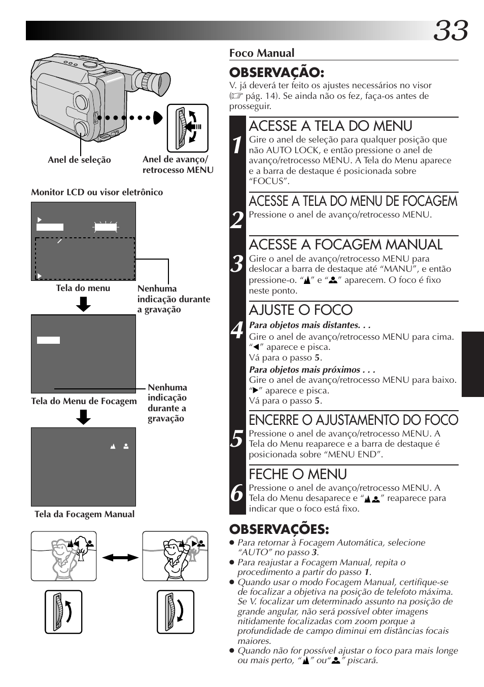 Acesse a tela do menu, Acesse a tela do menu de focagem, Acesse a focagem manual | Ajuste o foco, Encerre o ajustamento do foco, Feche o menu, Observação, Observações | JVC GR-AXM77UM User Manual | Page 153 / 182