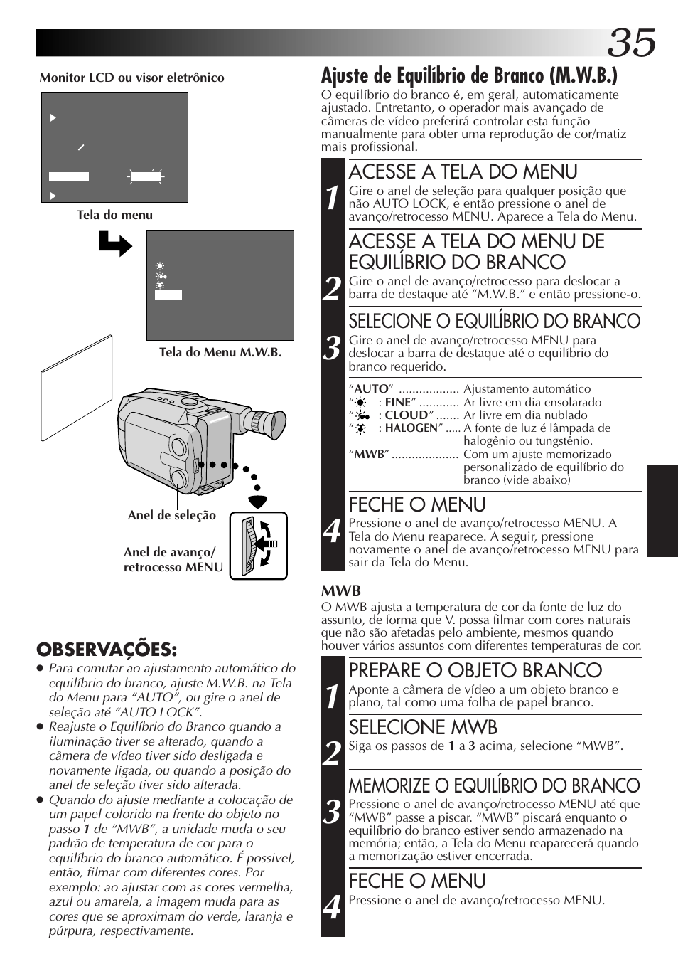 Ajuste de equilíbrio de branco (m.w.b.), Acesse a tela do menu, Acesse a tela do menu de equilíbrio do branco | Selecione o equilíbrio do branco, Feche o menu, Prepare o objeto branco, Selecione mwb, Observações | JVC GR-AXM77UM User Manual | Page 155 / 182