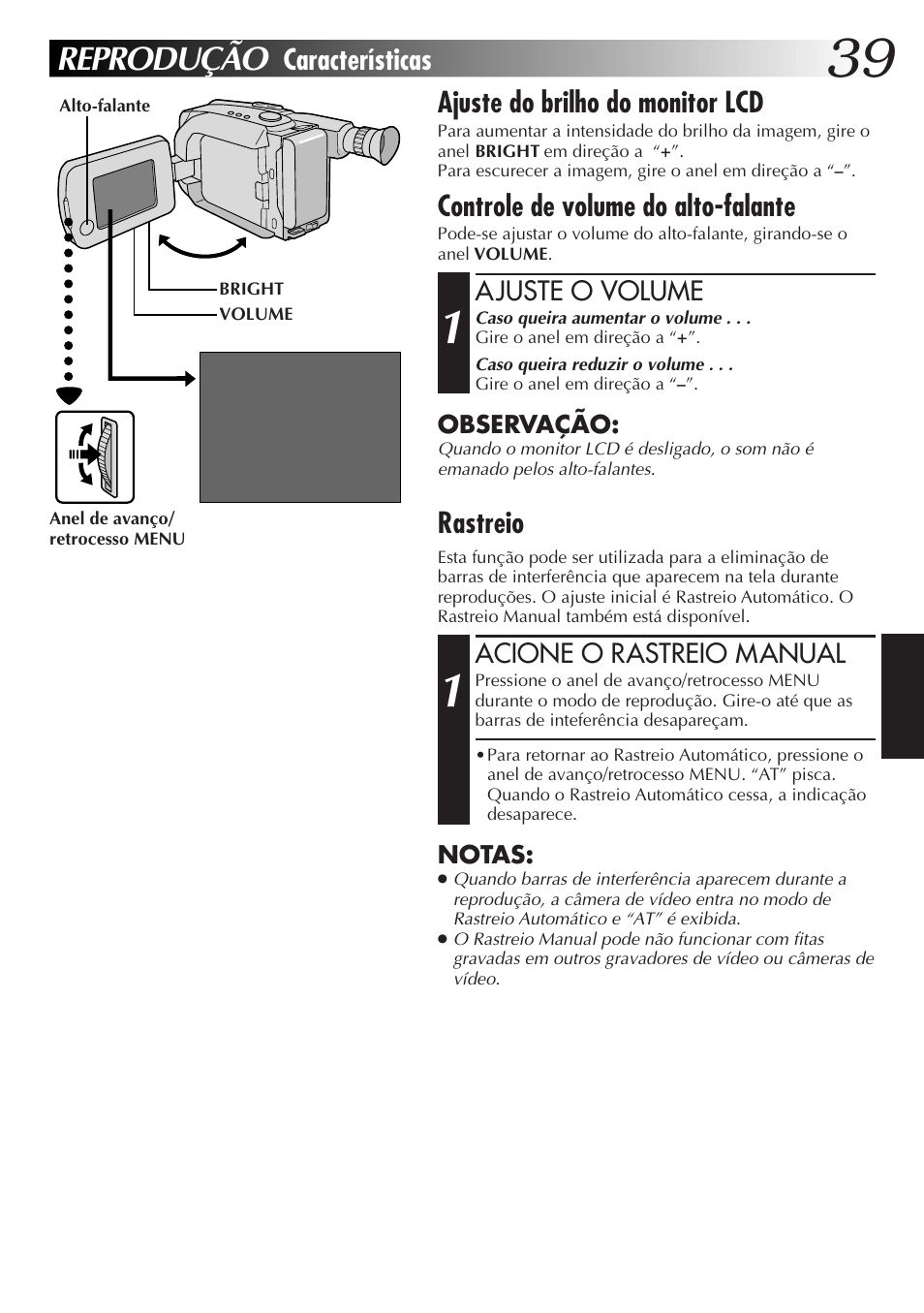 Reprodução, Ajuste do brilho do monitor lcd, Controle de volume do alto-falante | Rastreio, Características | JVC GR-AXM77UM User Manual | Page 159 / 182
