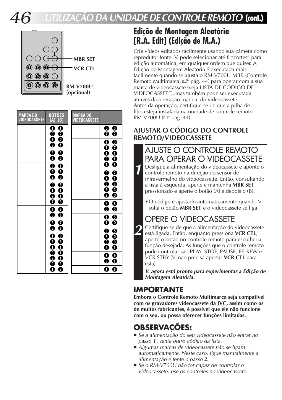 Utilização da unidade de controle remoto, Cont.), Opere o videocassete | Importante, Observações, Ajustar o código do controle remoto/videocassete | JVC GR-AXM77UM User Manual | Page 166 / 182