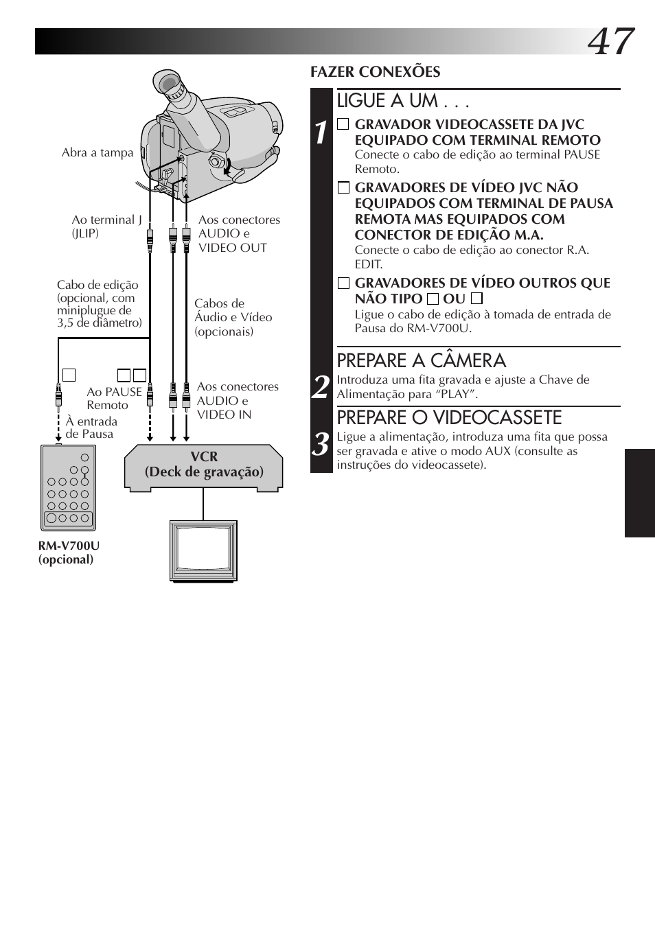 Ligue a um, Prepare a câmera, Prepare o videocassete | JVC GR-AXM77UM User Manual | Page 167 / 182