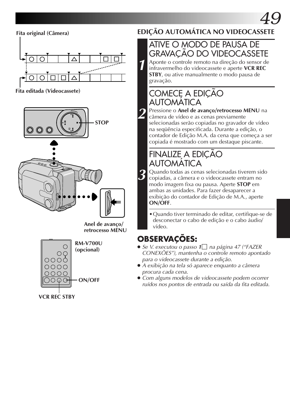 Ative o modo de pausa de gravação do videocassete, Comece a edição automática, Finalize a edição automática | JVC GR-AXM77UM User Manual | Page 169 / 182