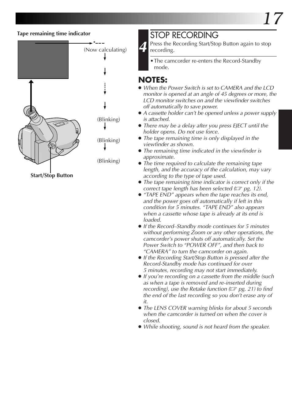 Stop recording | JVC GR-AXM77UM User Manual | Page 17 / 182