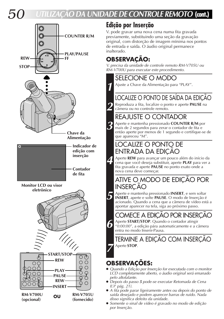 Utilização da unidade de controle remoto, Edição por inserção, Cont.) | JVC GR-AXM77UM User Manual | Page 170 / 182