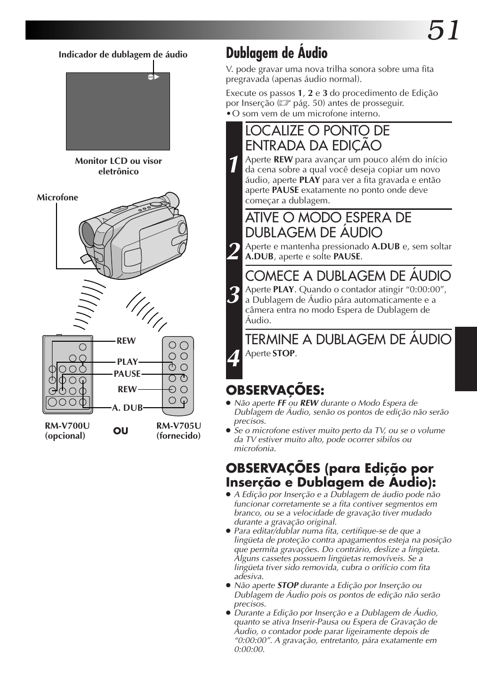 Dublagem de áudio, Localize o ponto de entrada da edição, Ative o modo espera de dublagem de áudio | Comece a dublagem de áudio, Termine a dublagem de áudio | JVC GR-AXM77UM User Manual | Page 171 / 182