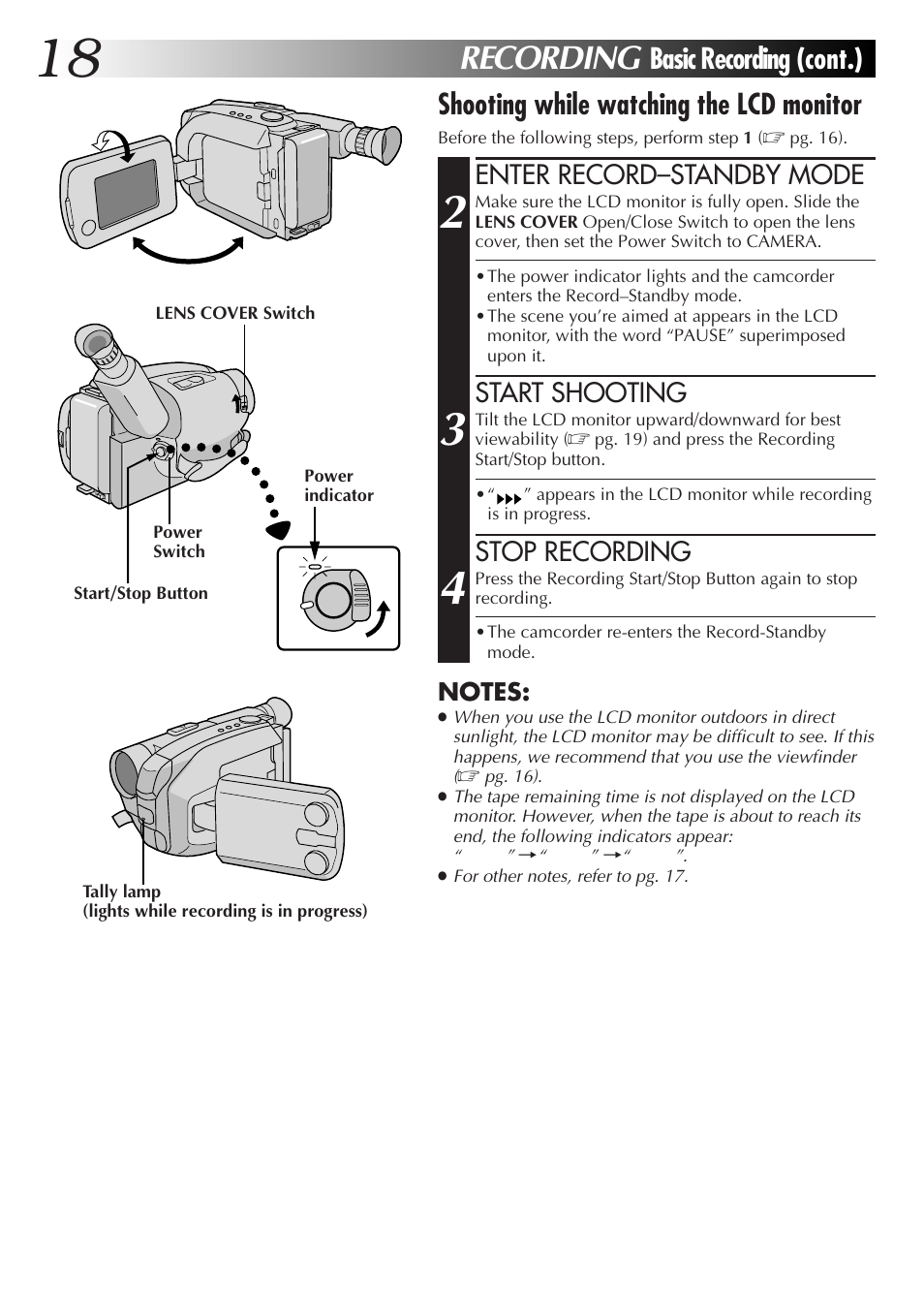 Recording, Enter record–standby mode, Start shooting | Stop recording | JVC GR-AXM77UM User Manual | Page 18 / 182