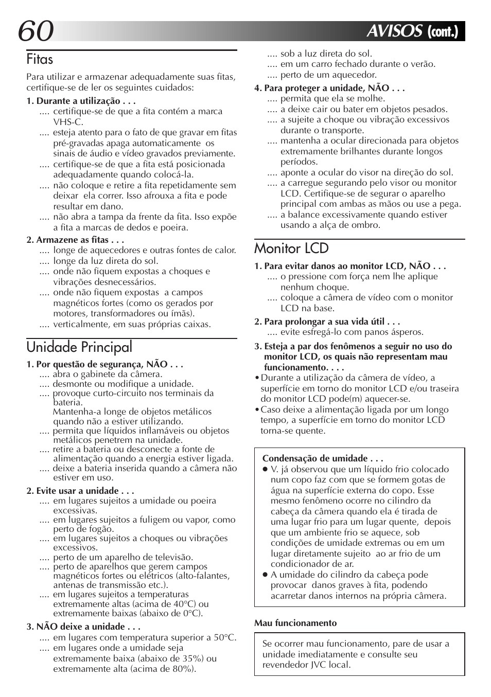 Avisos, Cont.), Fitas | Unidade principal, Monitor lcd | JVC GR-AXM77UM User Manual | Page 180 / 182