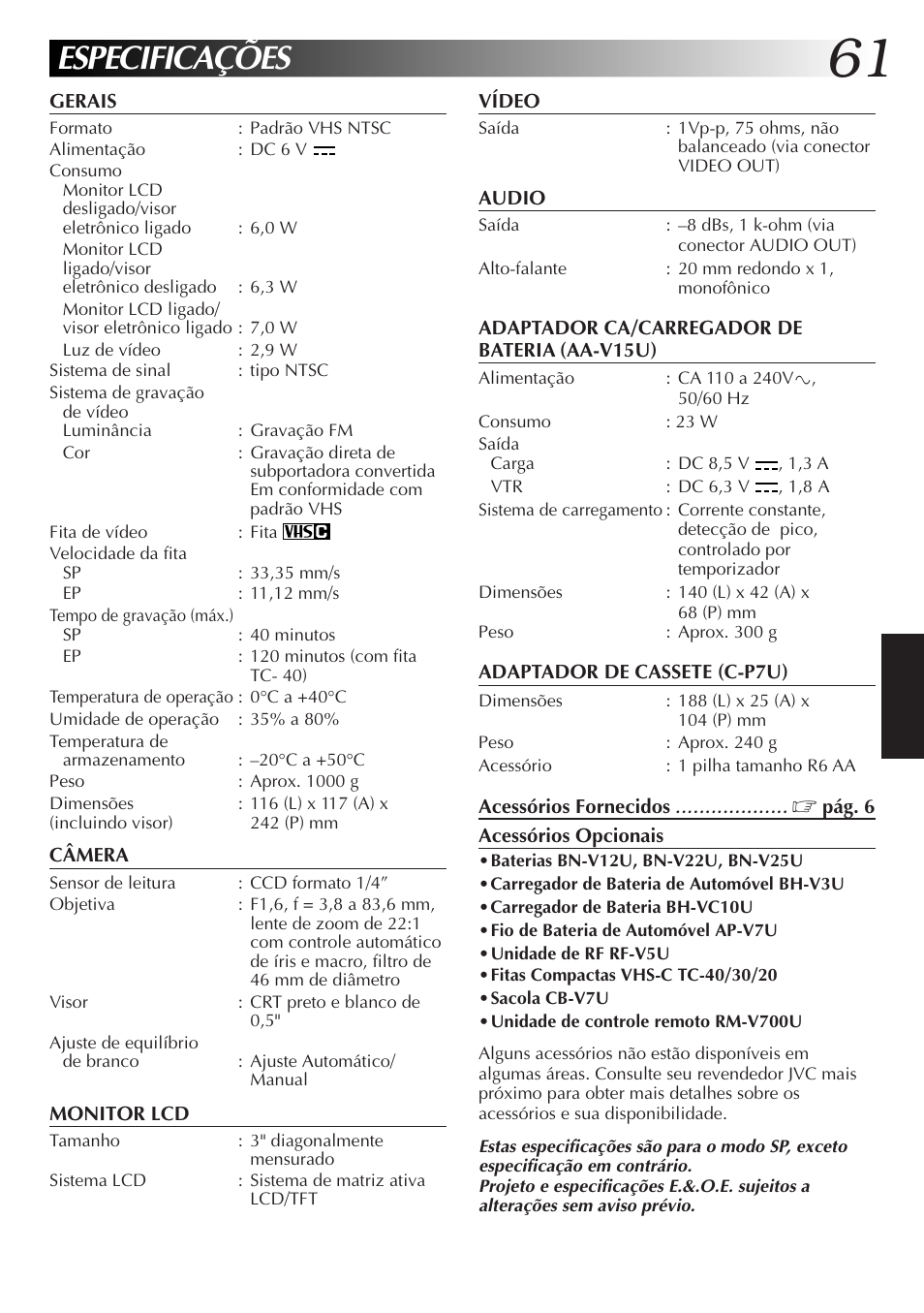 Especificações | JVC GR-AXM77UM User Manual | Page 181 / 182