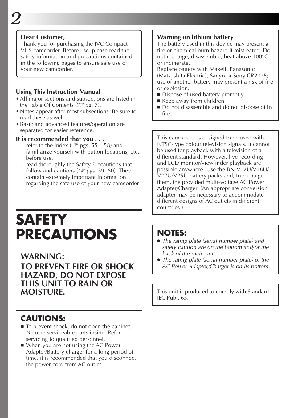 Safety precautions, Cautions | JVC GR-AXM77UM User Manual | Page 2 / 182