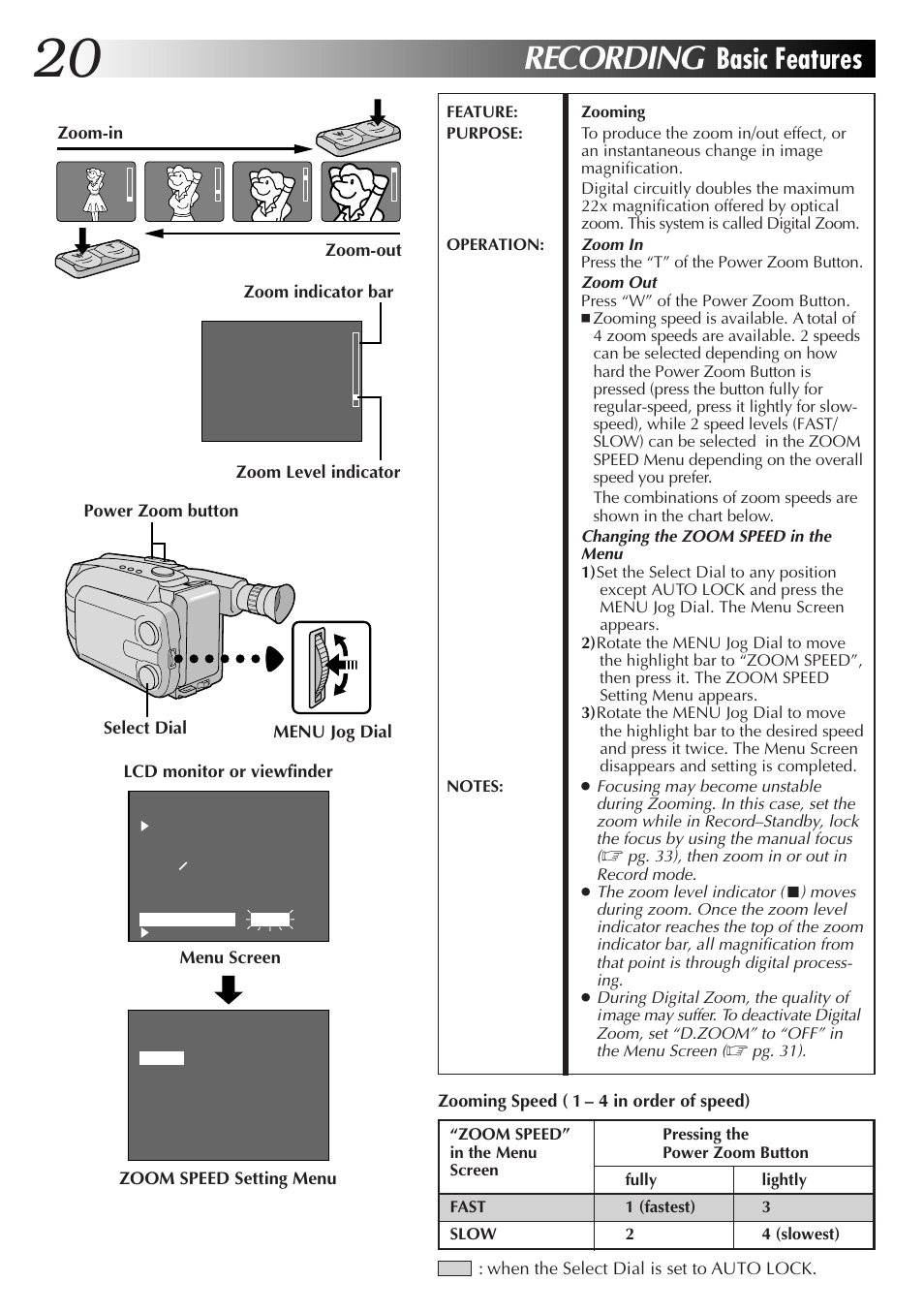 Recording, Basic features | JVC GR-AXM77UM User Manual | Page 20 / 182