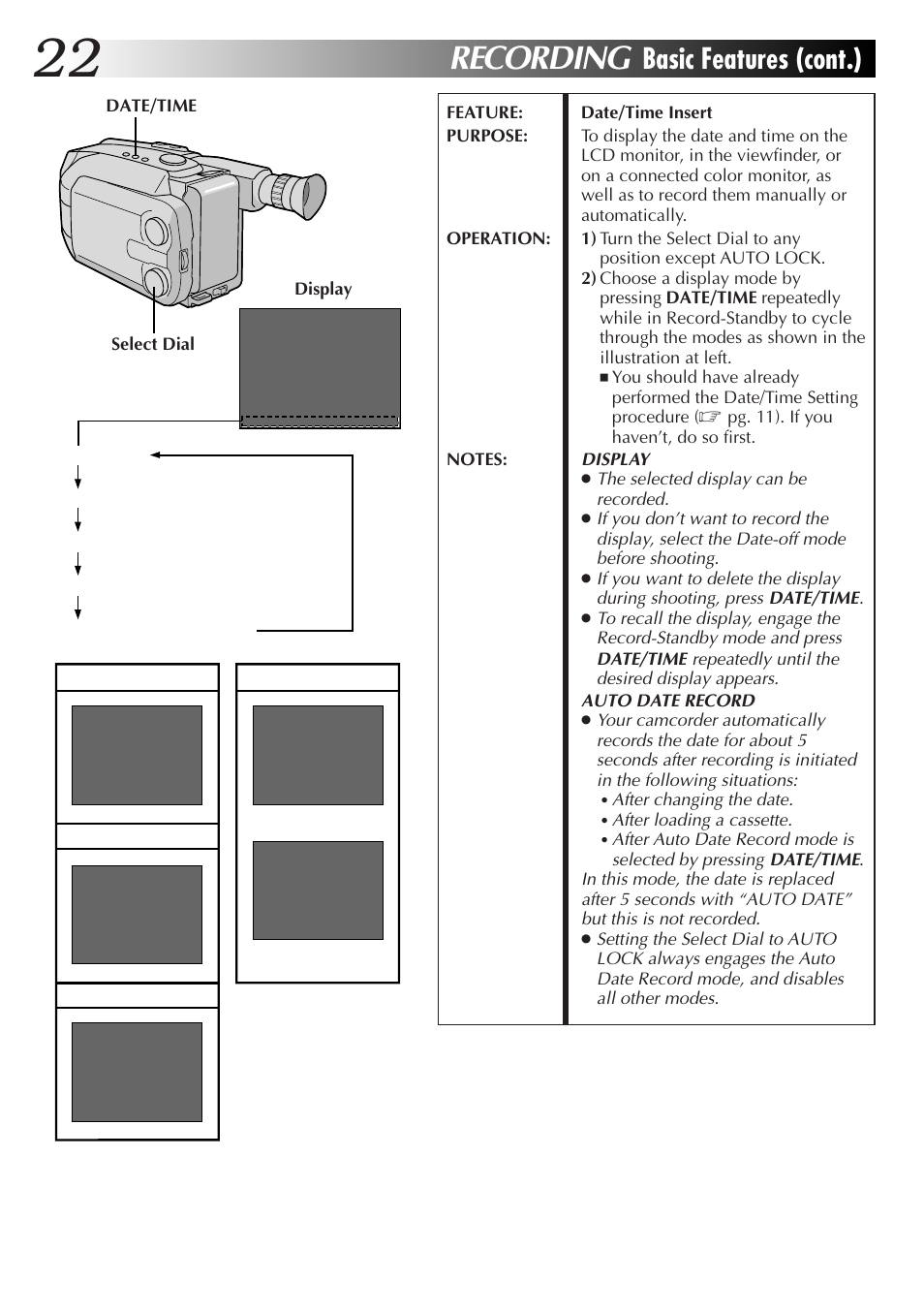 Recording, Basic features (cont.) | JVC GR-AXM77UM User Manual | Page 22 / 182