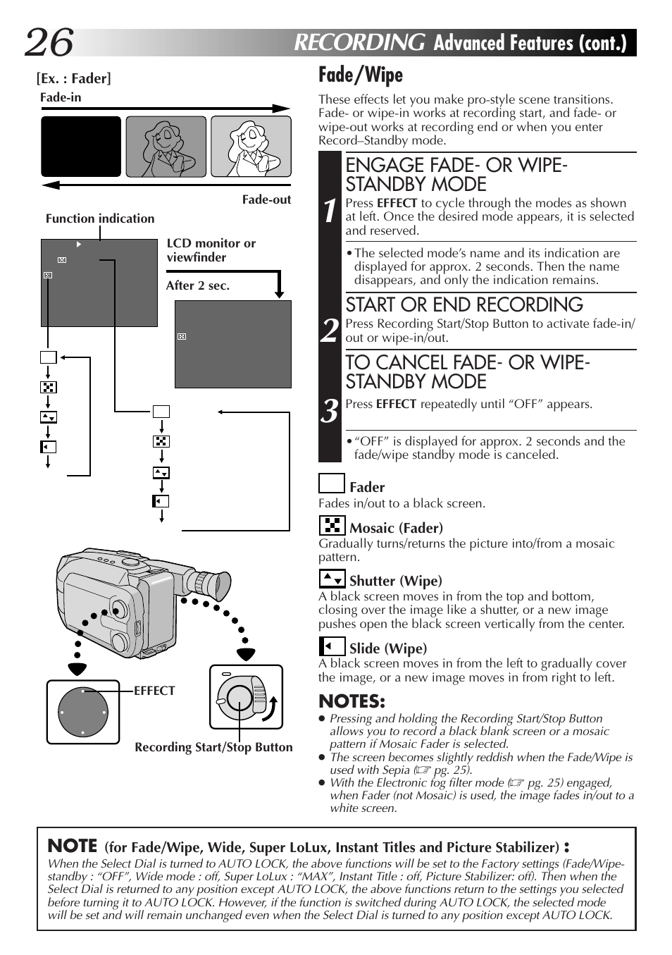 Recording, Advanced features (cont.), Fade/wipe | Engage fade- or wipe- standby mode, Start or end recording | JVC GR-AXM77UM User Manual | Page 26 / 182