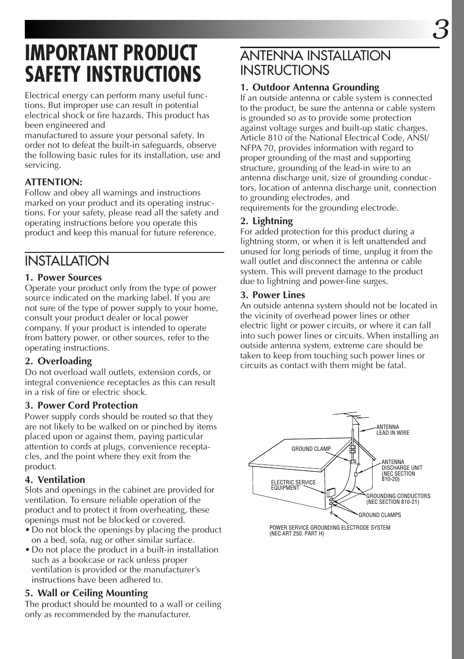 Important product safety instructions, Antenna installation instructions, Installation | JVC GR-AXM77UM User Manual | Page 3 / 182