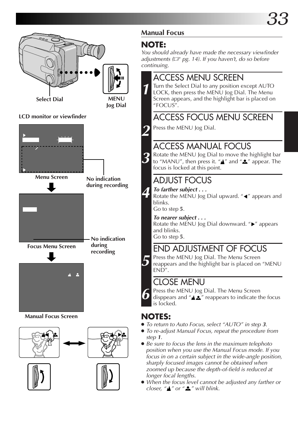 Access menu screen, Access focus menu screen, Access manual focus | Adjust focus, End adjustment of focus, Close menu | JVC GR-AXM77UM User Manual | Page 33 / 182