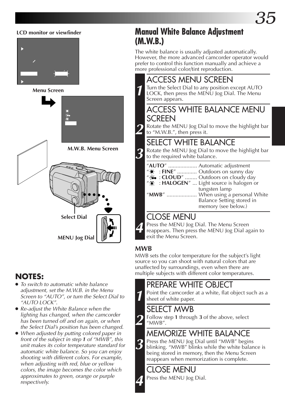 Manual white balance adjustment (m.w.b.), Access menu screen, Access white balance menu screen | Select white balance, Close menu, Prepare white object, Select mwb | JVC GR-AXM77UM User Manual | Page 35 / 182