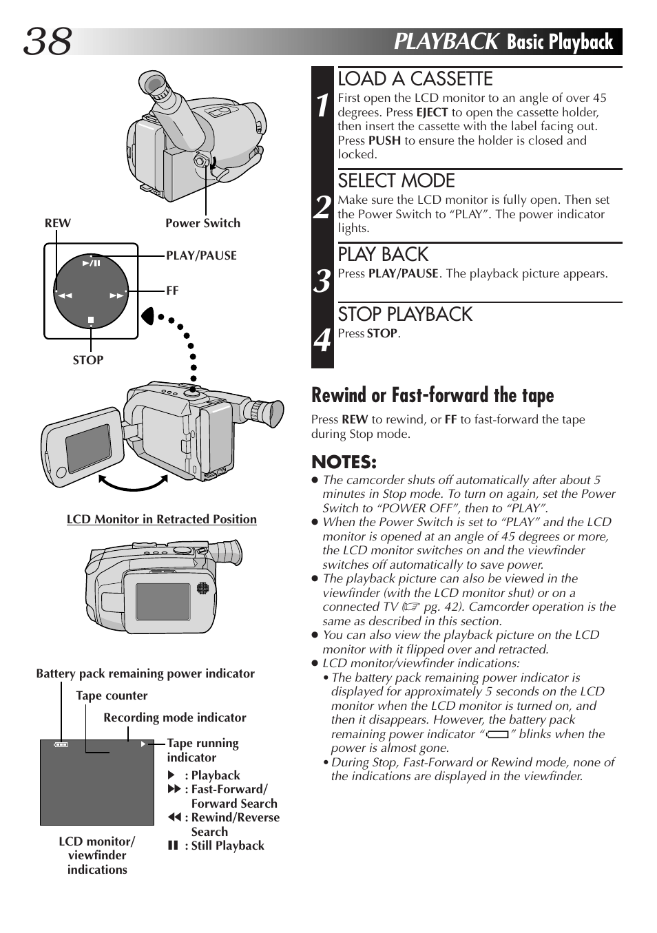 Playback, Basic playback, Rewind or fast-forward the tape | Load a cassette, Select mode, Play back, Stop playback | JVC GR-AXM77UM User Manual | Page 38 / 182