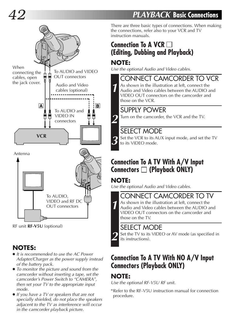 Playback, Connection to a vcr, Editing, dubbing and playback) | Connection to a tv with a/v input connectors, Playback only), Basic connections | JVC GR-AXM77UM User Manual | Page 42 / 182