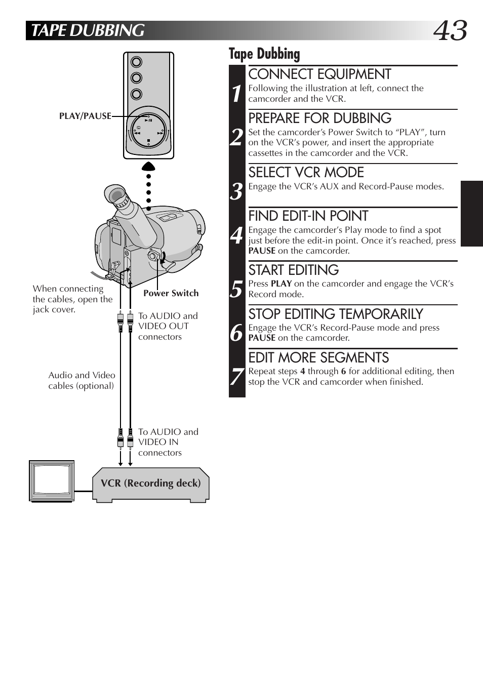 Tape dubbing | JVC GR-AXM77UM User Manual | Page 43 / 182