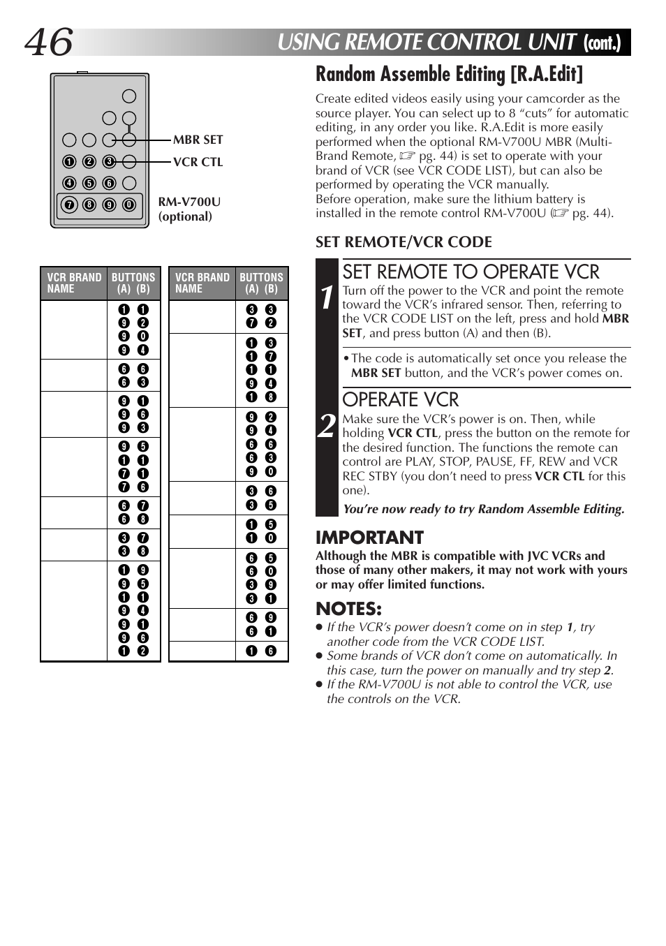 Using remote control unit, Cont.) random assemble editing [r.a.edit, Set remote to operate vcr | Operate vcr, Important, Set remote/vcr code | JVC GR-AXM77UM User Manual | Page 46 / 182