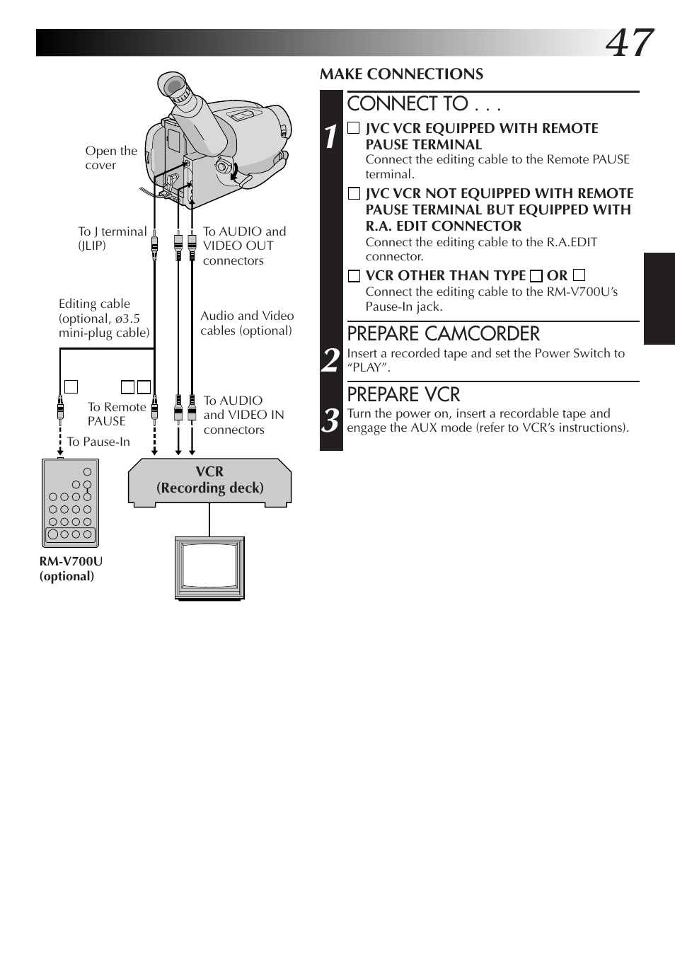 Connect to, Prepare camcorder, Prepare vcr | JVC GR-AXM77UM User Manual | Page 47 / 182