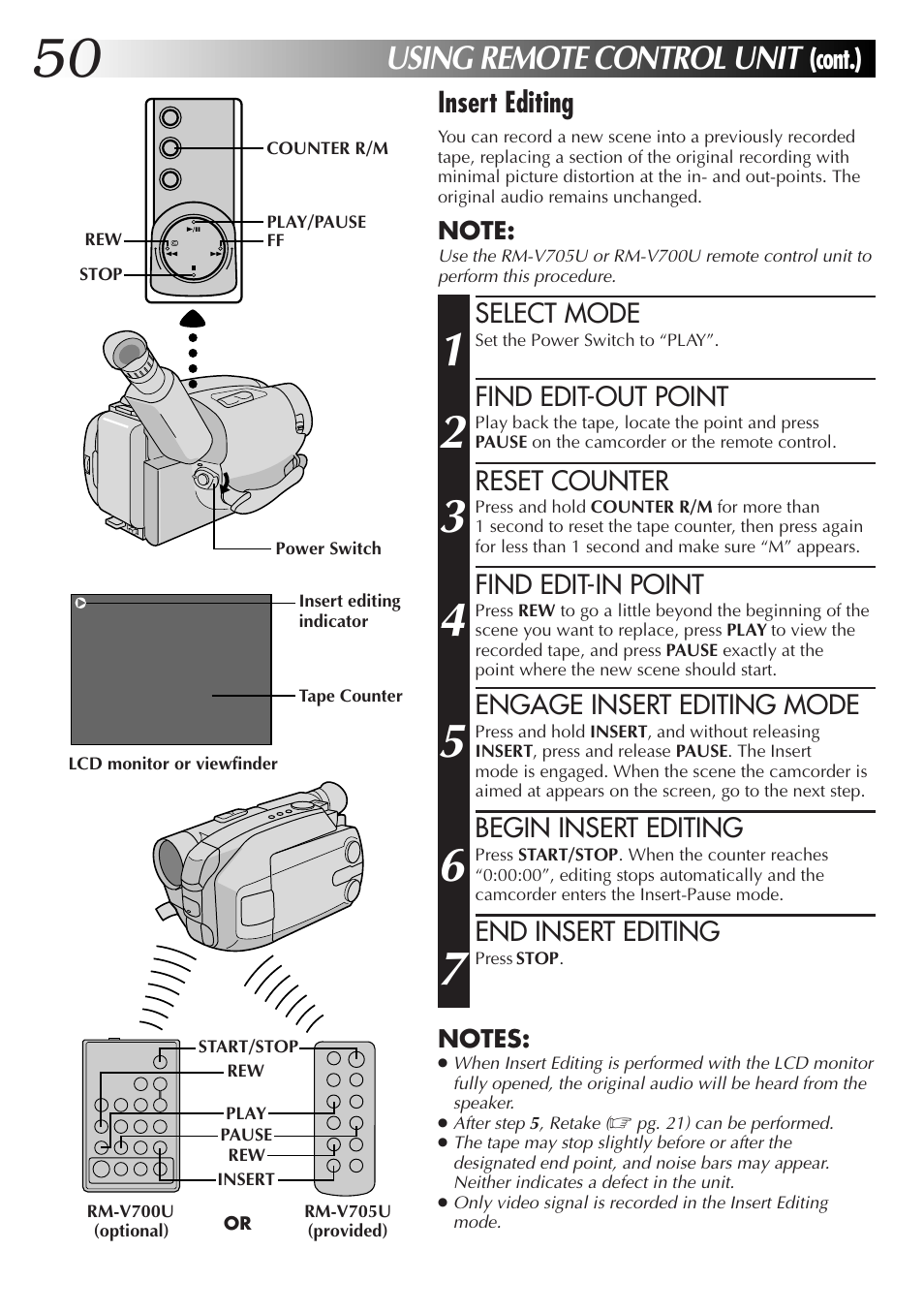 Using remote control unit, Cont.) insert editing | JVC GR-AXM77UM User Manual | Page 50 / 182