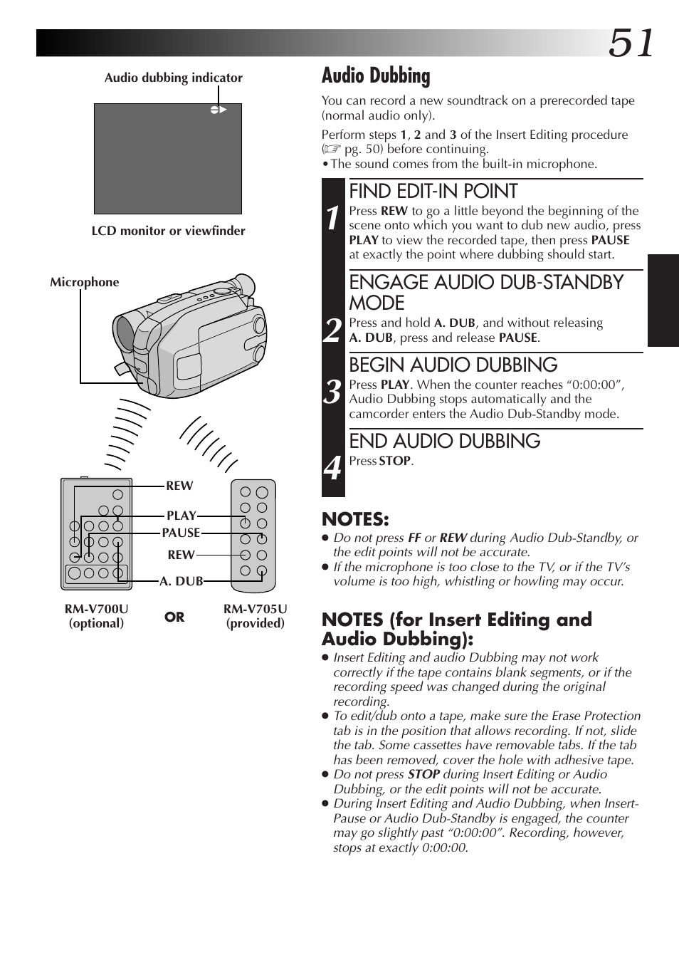 Audio dubbing, Find edit-in point, Engage audio dub-standby mode | Begin audio dubbing, End audio dubbing | JVC GR-AXM77UM User Manual | Page 51 / 182