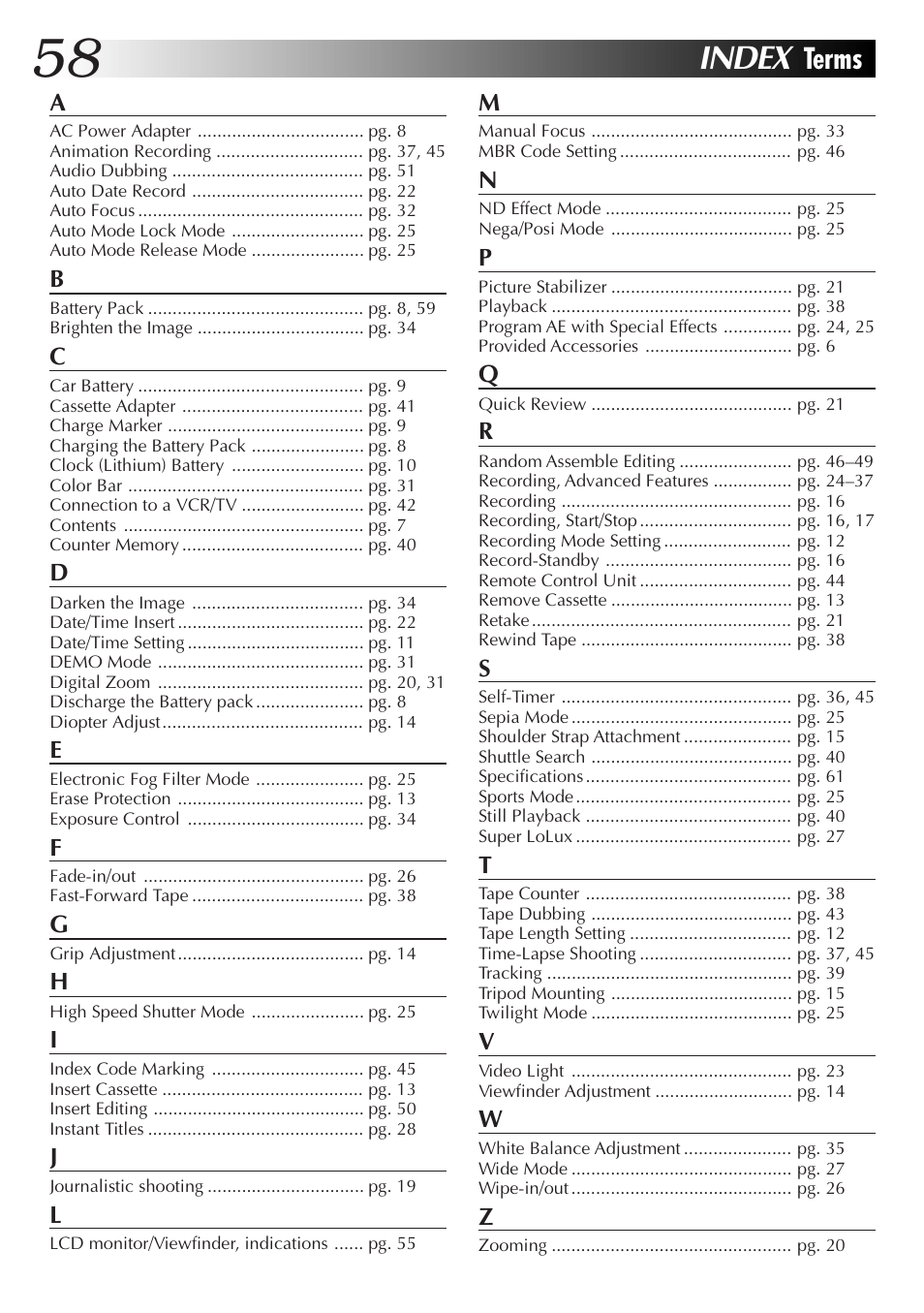 Index, Terms | JVC GR-AXM77UM User Manual | Page 58 / 182