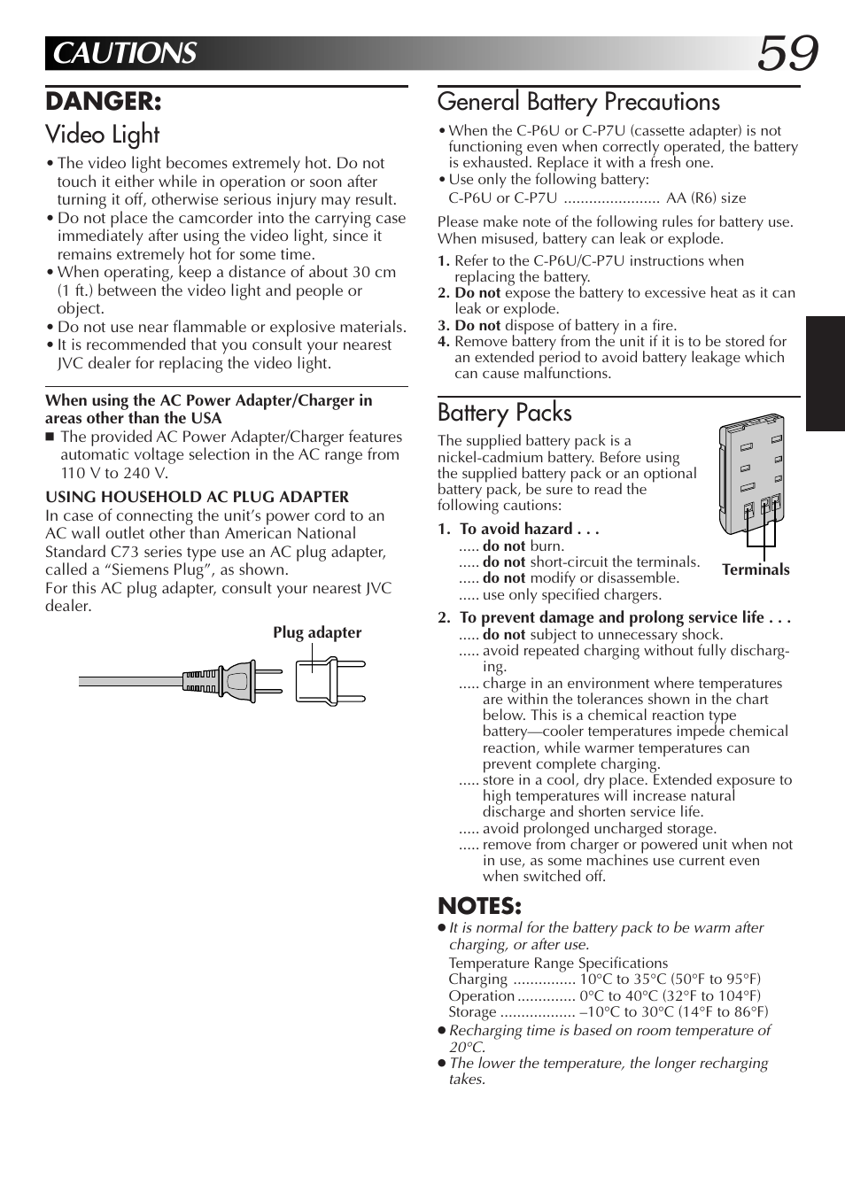 Cautions, General battery precautions, Battery packs | Danger: video light | JVC GR-AXM77UM User Manual | Page 59 / 182