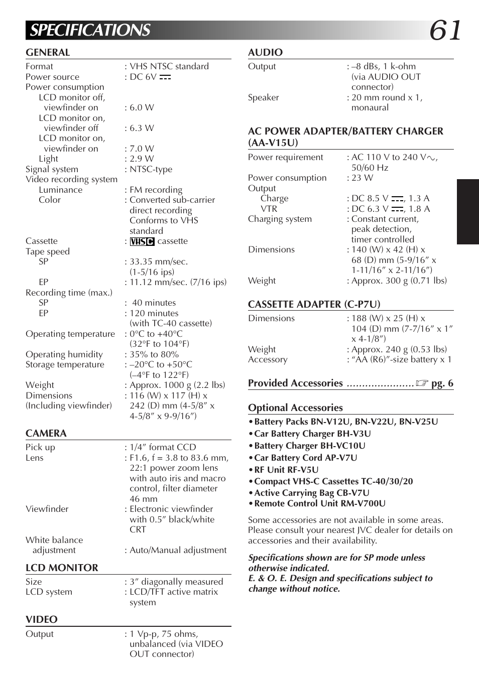 Specifications | JVC GR-AXM77UM User Manual | Page 61 / 182