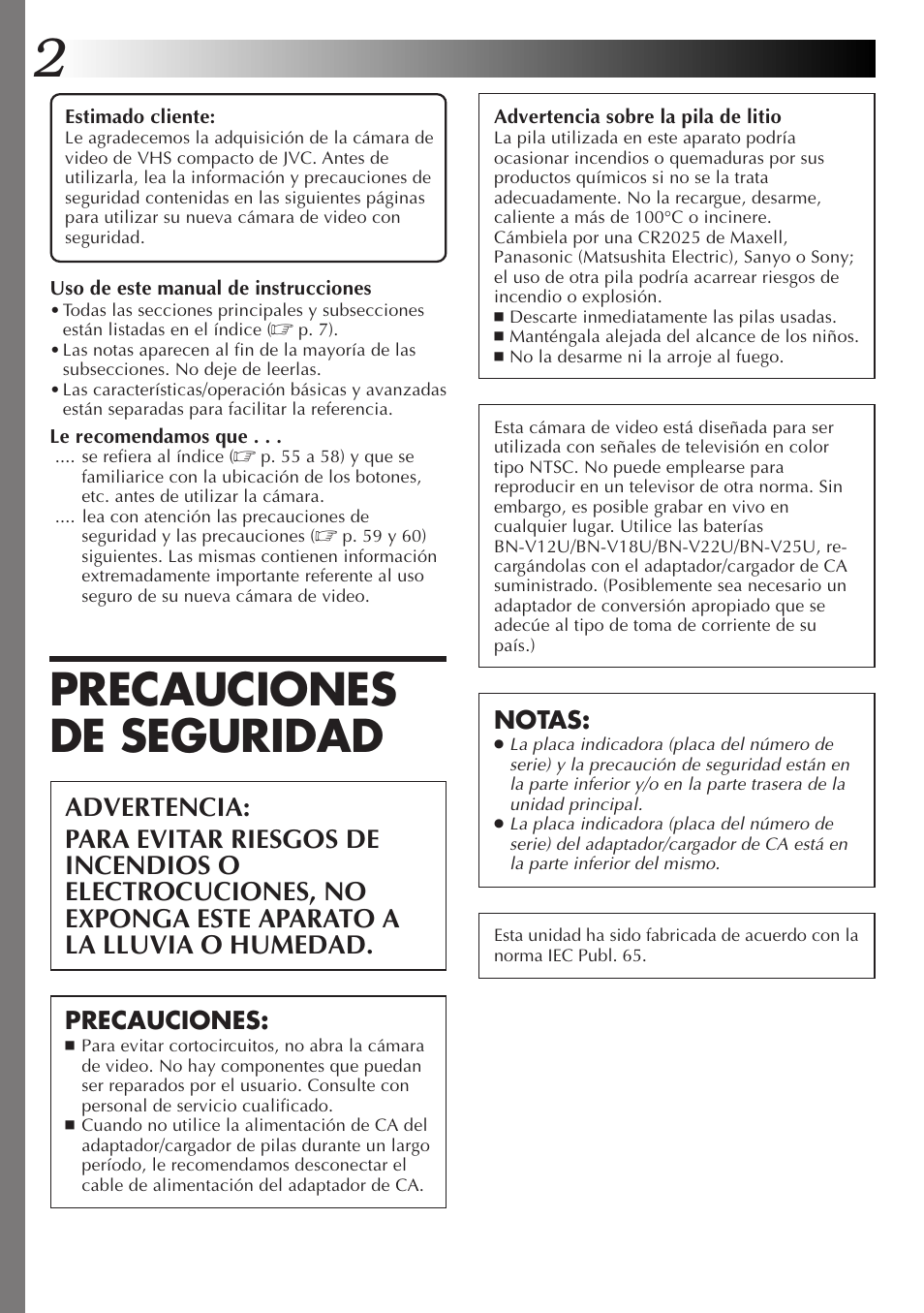 Precauciones de seguridad | JVC GR-AXM77UM User Manual | Page 62 / 182