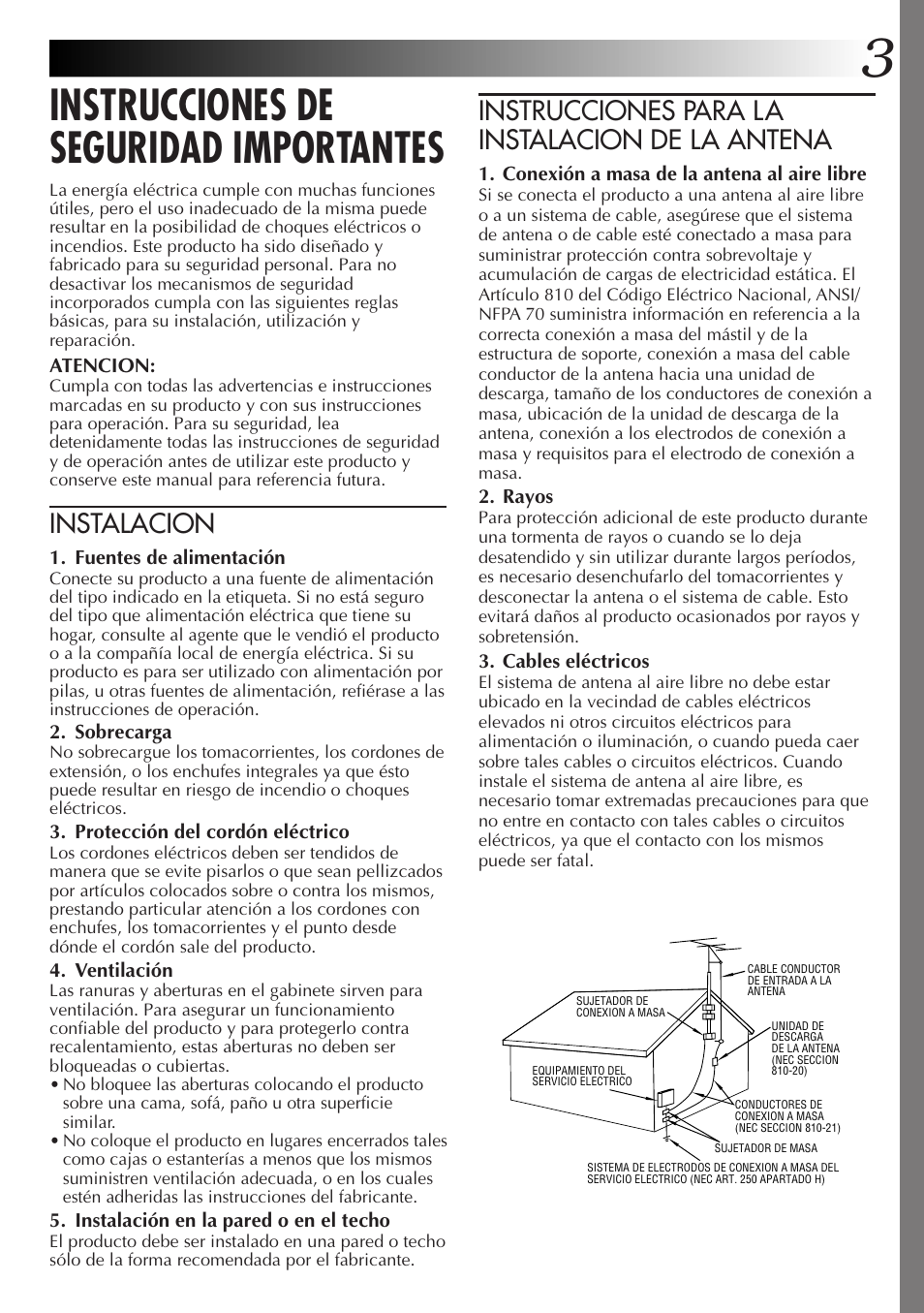 Instrucciones de seguridad importantes, Instrucciones para la instalacion de la antena, Instalacion | JVC GR-AXM77UM User Manual | Page 63 / 182