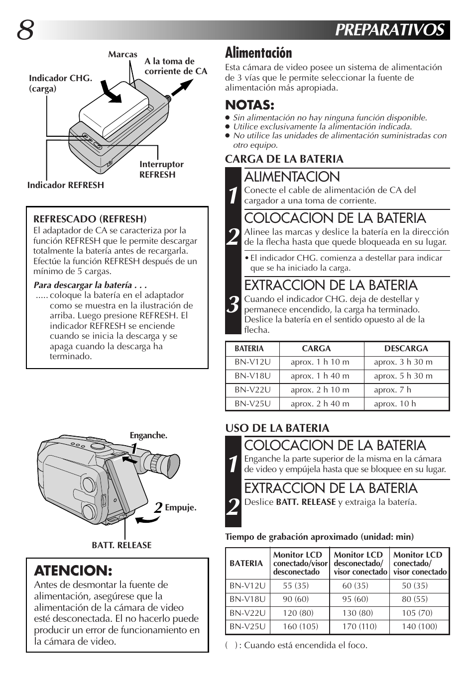 Preparativos, Alimentación, Alimentacion | Colocacion de la bateria, Extraccion de la bateria, Atencion, Notas | JVC GR-AXM77UM User Manual | Page 68 / 182