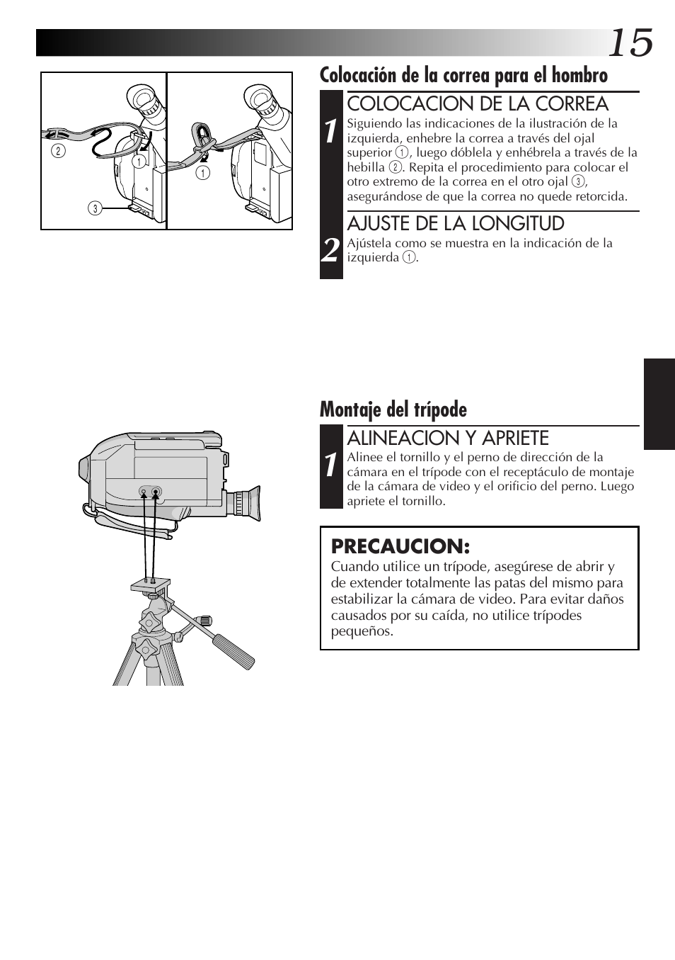 Colocación de la correa para el hombro, Montaje del trípode | JVC GR-AXM77UM User Manual | Page 75 / 182