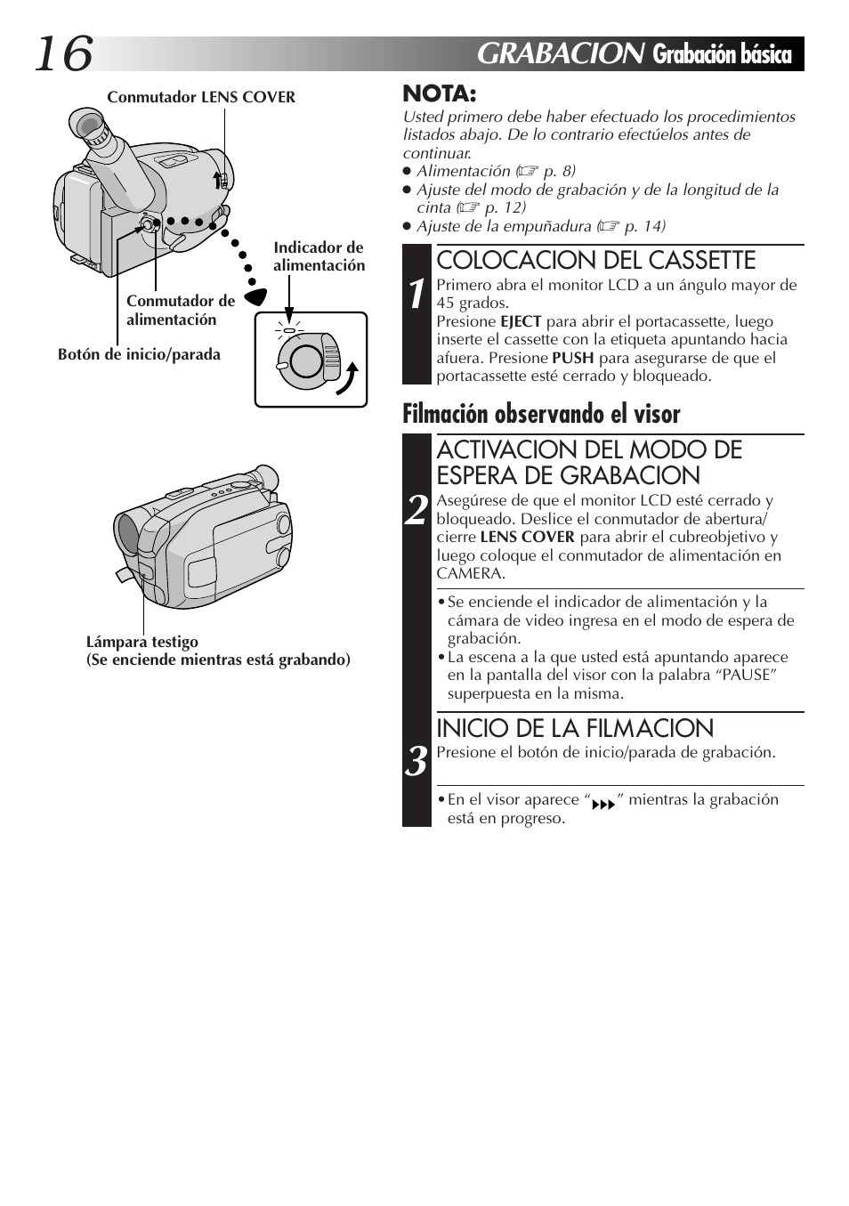 Grabacion, Grabación básica, Filmación observando el visor | JVC GR-AXM77UM User Manual | Page 76 / 182