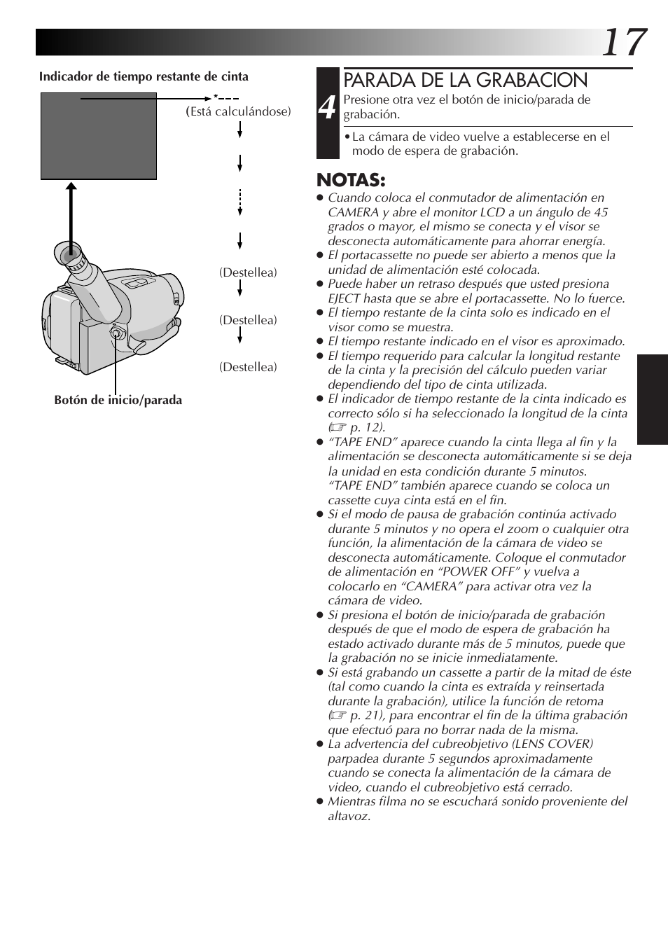Parada de la grabacion, Notas | JVC GR-AXM77UM User Manual | Page 77 / 182