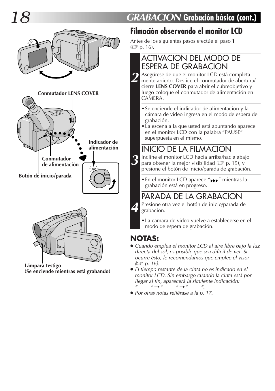 Grabacion, Activacion del modo de espera de grabacion, Inicio de la filmacion | Parada de la grabacion | JVC GR-AXM77UM User Manual | Page 78 / 182