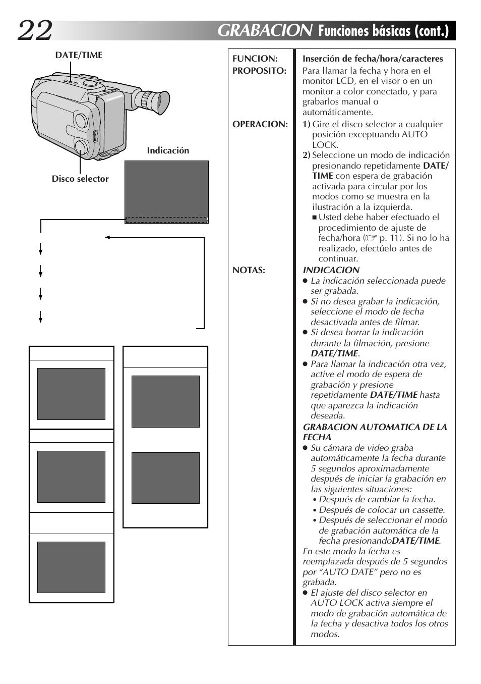Grabacion, Funciones básicas (cont.) | JVC GR-AXM77UM User Manual | Page 82 / 182