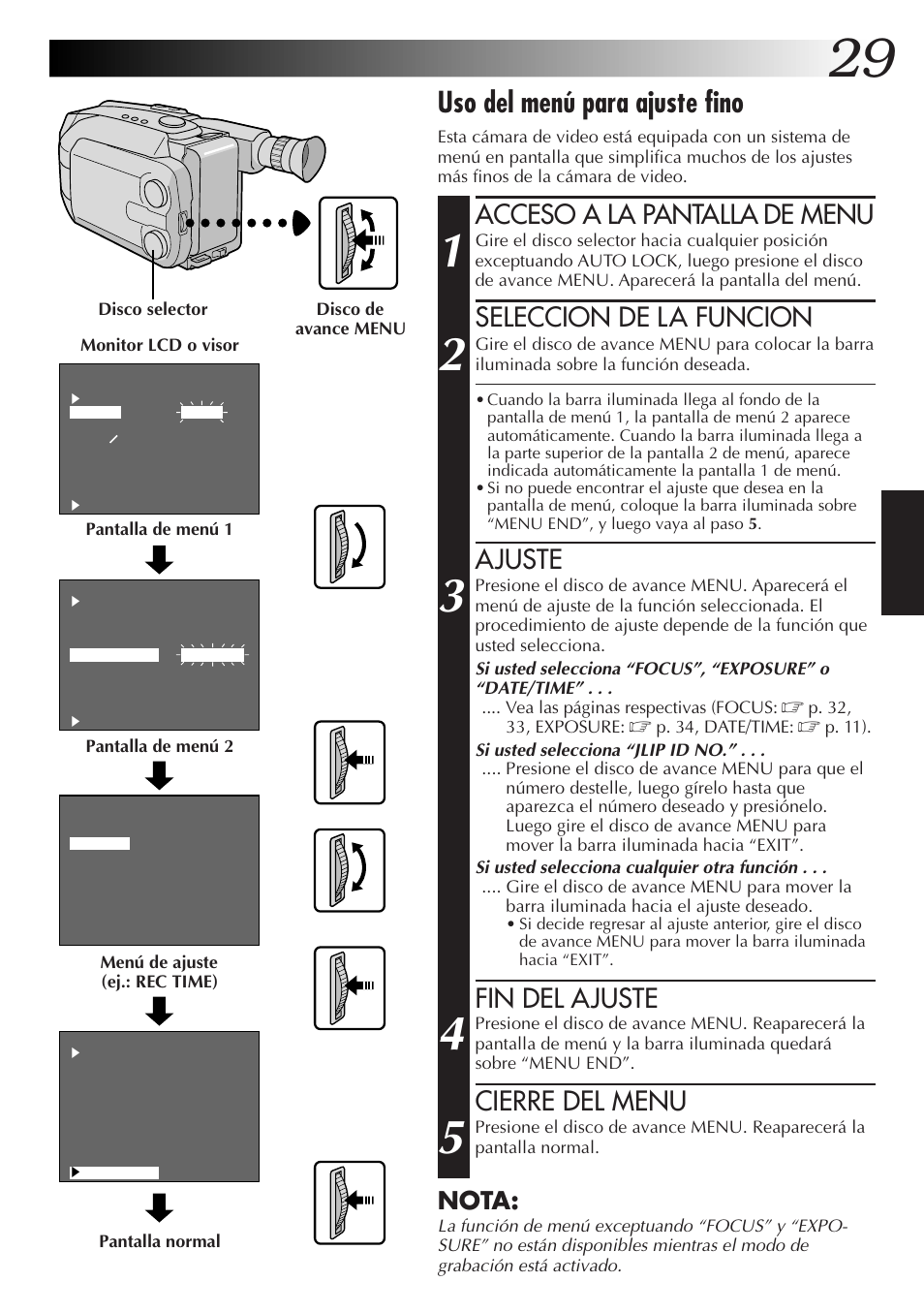 Uso del menú para ajuste fino, Acceso a la pantalla de menu, Seleccion de la funcion | Ajuste, Fin del ajuste, Cierre del menu, Nota | JVC GR-AXM77UM User Manual | Page 89 / 182
