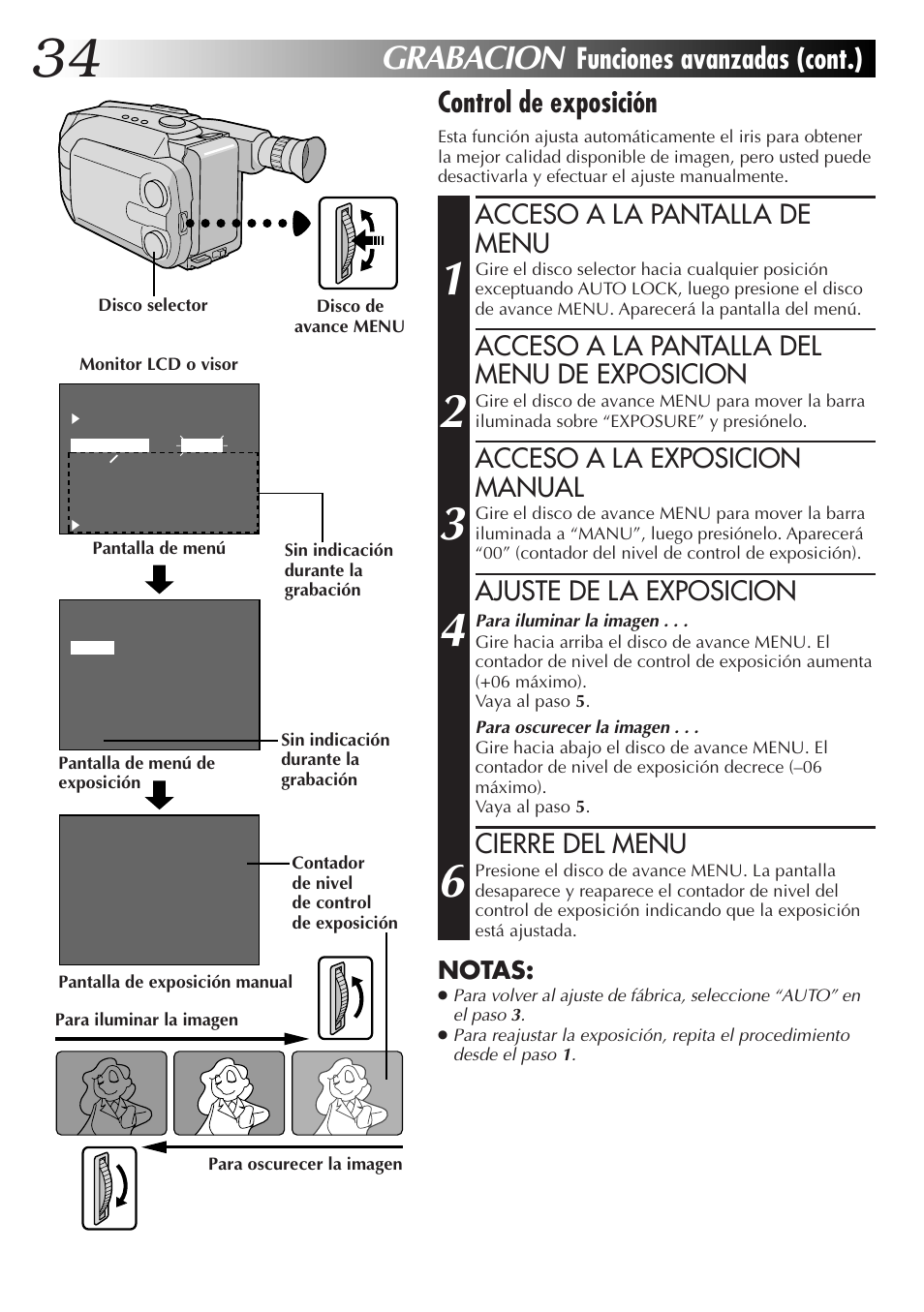 Grabacion, Funciones avanzadas (cont.) control de exposición, Acceso a la pantalla de menu | Acceso a la pantalla del menu de exposicion, Acceso a la exposicion manual, Ajuste de la exposicion, Cierre del menu, Notas | JVC GR-AXM77UM User Manual | Page 94 / 182