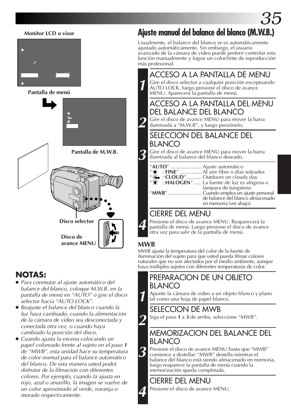 Ajuste manual del balance del blanco (m.w.b.), Acceso a la pantalla de menu, Seleccion del balance del blanco | Cierre del menu, Preparacion de un objeto blanco, Seleccion de mwb, Notas | JVC GR-AXM77UM User Manual | Page 95 / 182