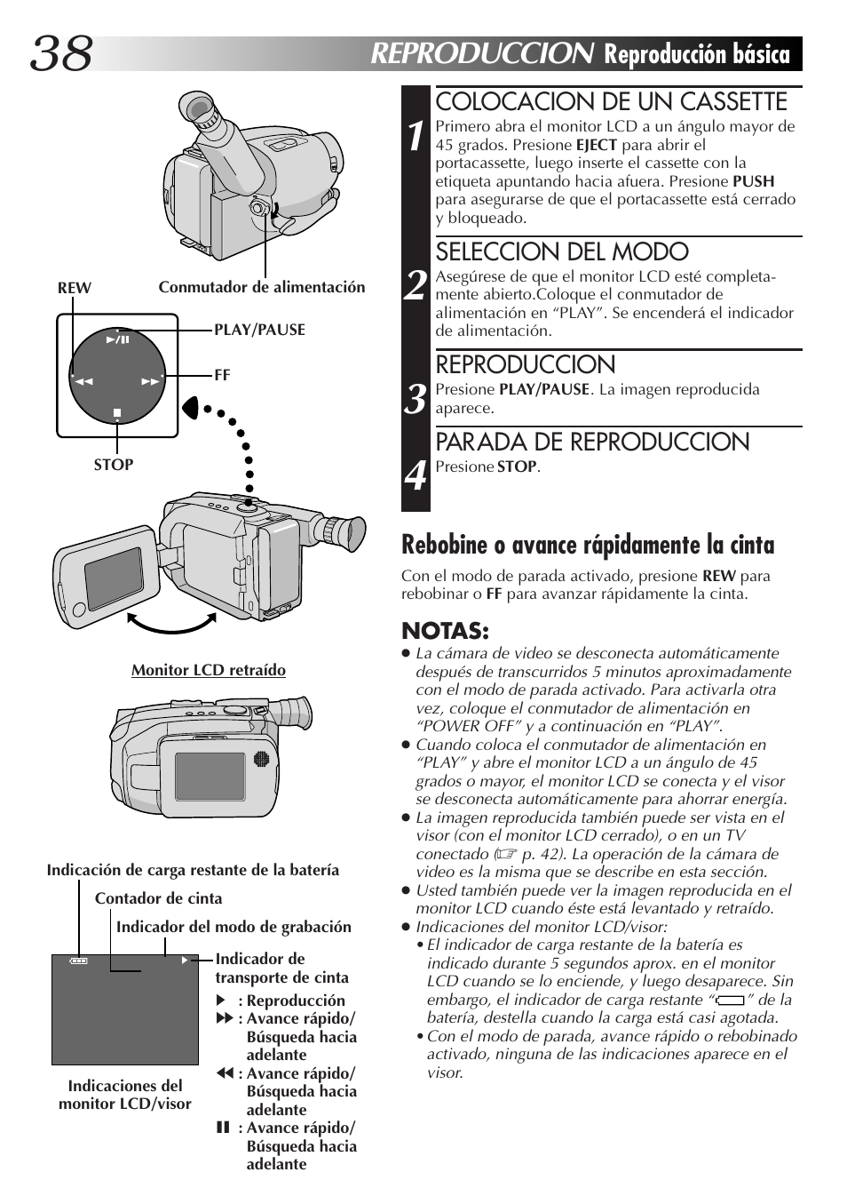 Reproduccion, Reproducción básica, Rebobine o avance rápidamente la cinta | Colocacion de un cassette, Seleccion del modo, Parada de reproduccion | JVC GR-AXM77UM User Manual | Page 98 / 182