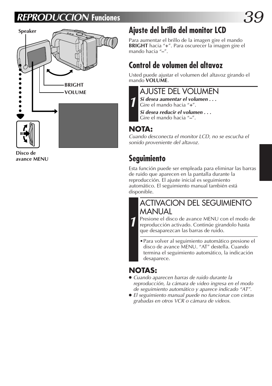 Reproduccion, Funciones ajuste del brillo del monitor lcd, Control de volumen del altavoz | Seguimiento | JVC GR-AXM77UM User Manual | Page 99 / 182