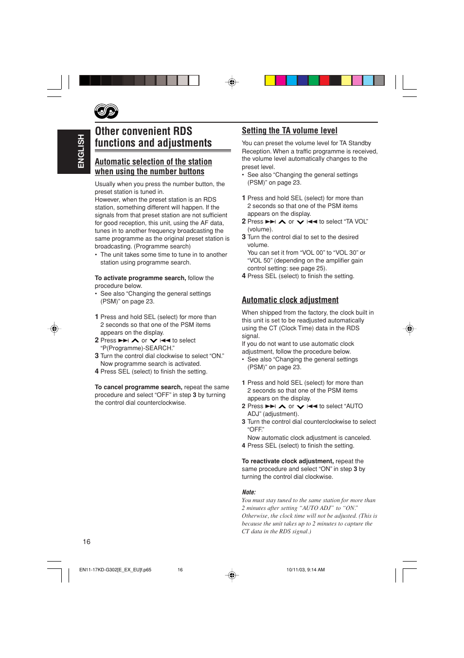 Other convenient rds functions and adjustments, Setting the ta volume level, Automatic clock adjustment | JVC GET0187-001A User Manual | Page 16 / 46