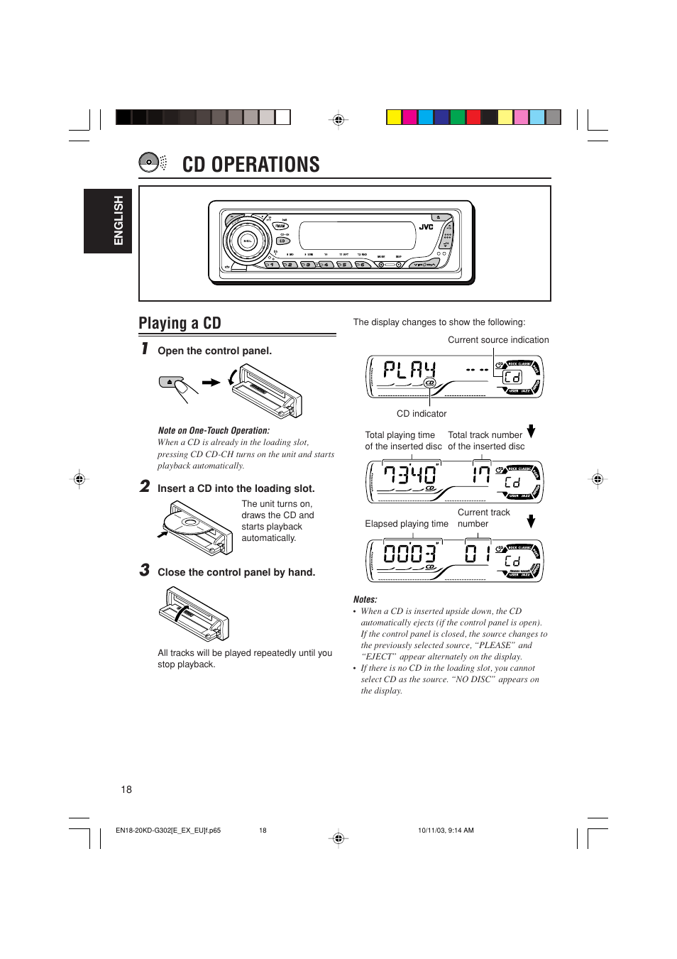 Cd operations, Playing a cd 1 | JVC GET0187-001A User Manual | Page 18 / 46