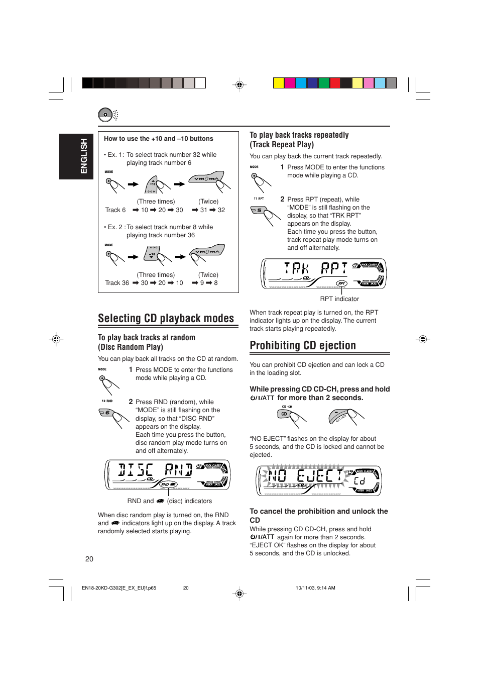 Prohibiting cd ejection, Selecting cd playback modes | JVC GET0187-001A User Manual | Page 20 / 46