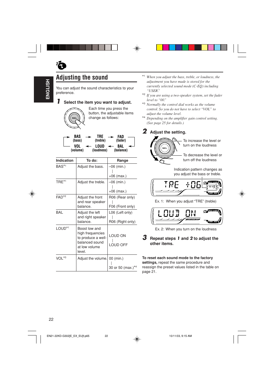 Adjusting the sound, English | JVC GET0187-001A User Manual | Page 22 / 46