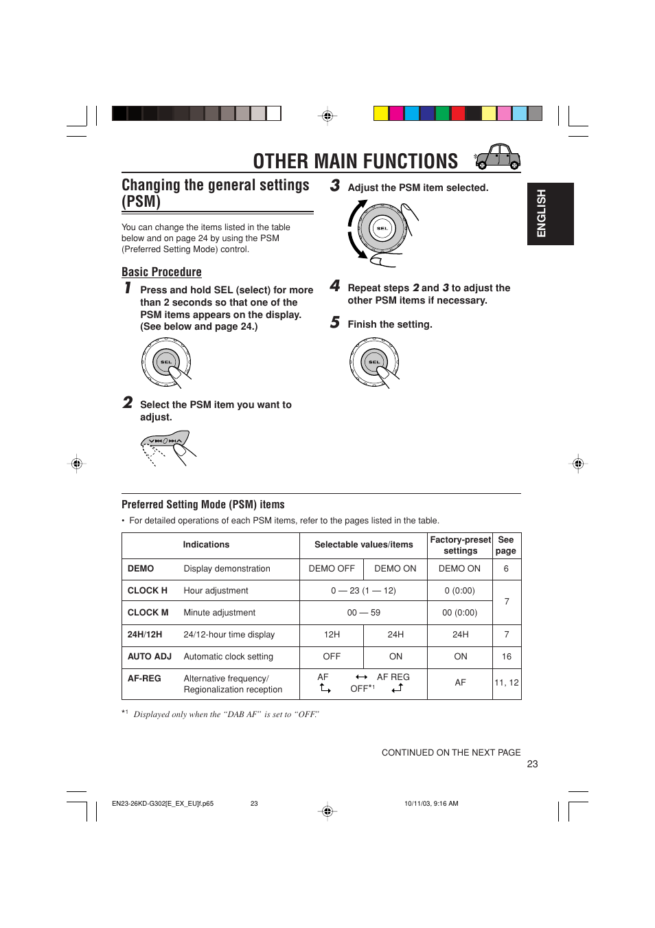 Other main functions, Changing the general settings (psm), Basic procedure | JVC GET0187-001A User Manual | Page 23 / 46