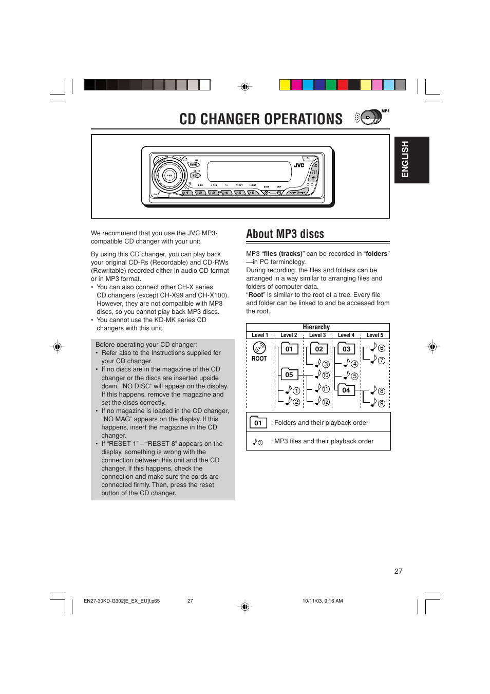 Cd changer operations, About mp3 discs, English | JVC GET0187-001A User Manual | Page 27 / 46
