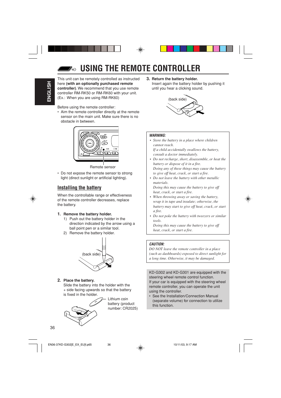 Using the remote controller, Installing the battery | JVC GET0187-001A User Manual | Page 36 / 46